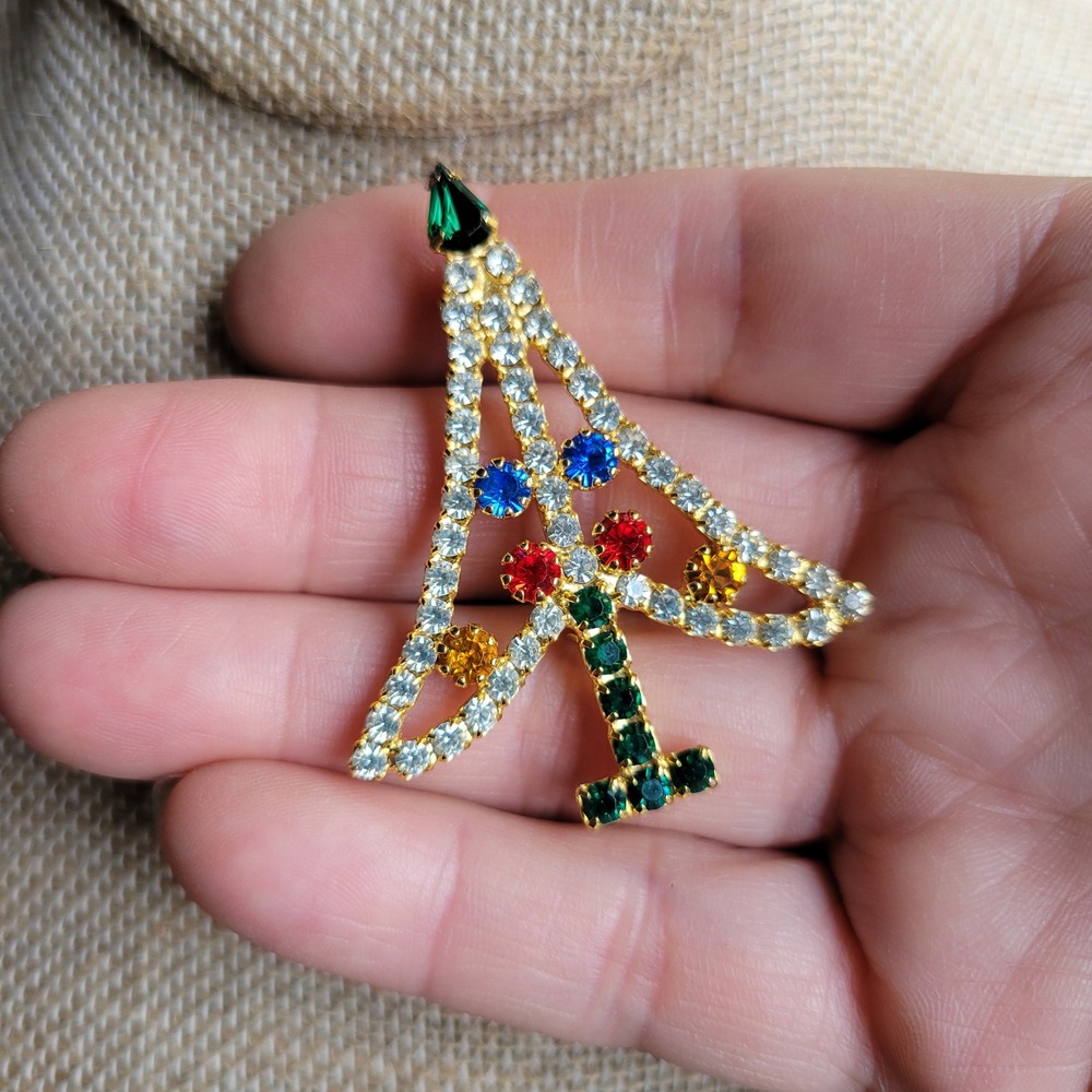 Vintage‎ 70s Christmas Tree Brooch Colorful Rhinestones Mod MCM Giftable